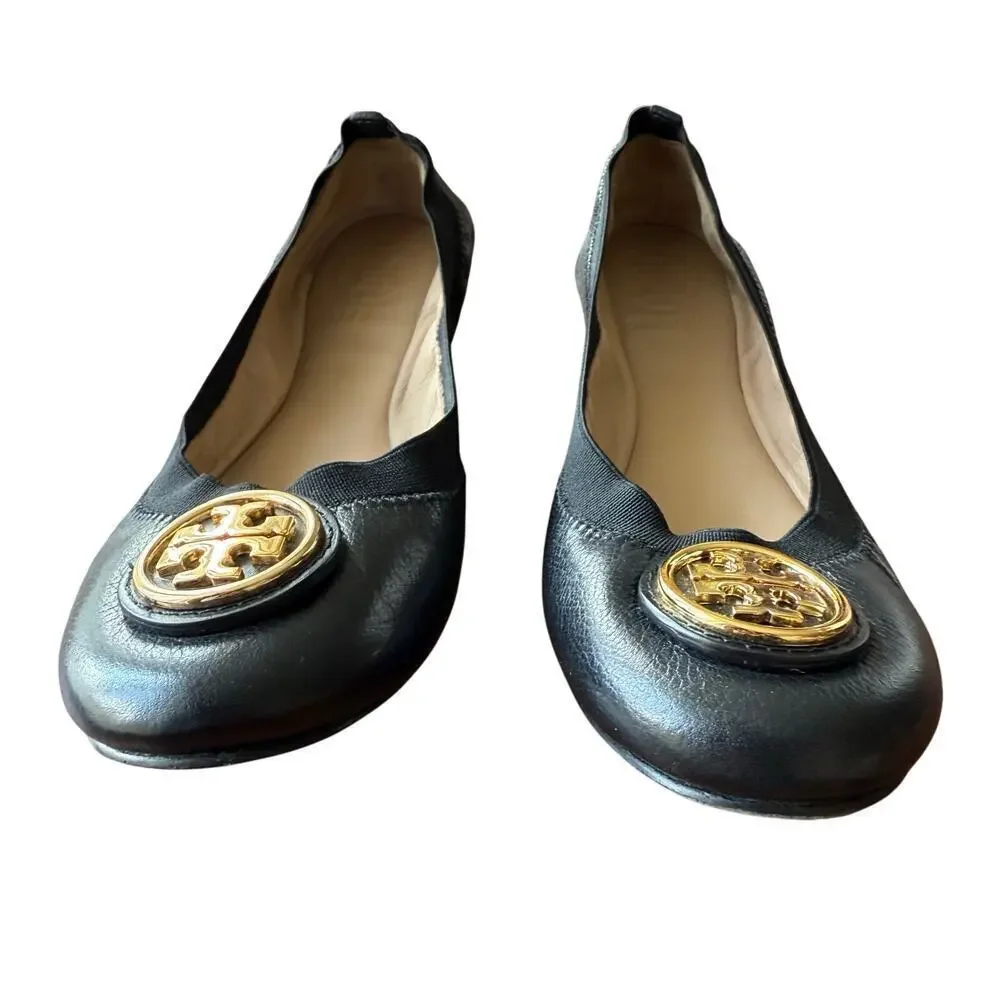 Tory Burch Claire Elastic Ballet Flats Shoes Perfect Black Gold Size 5.5 Comfort